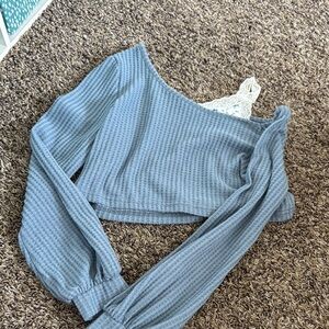 Blue Off-Shoulder Long Sleeve Top